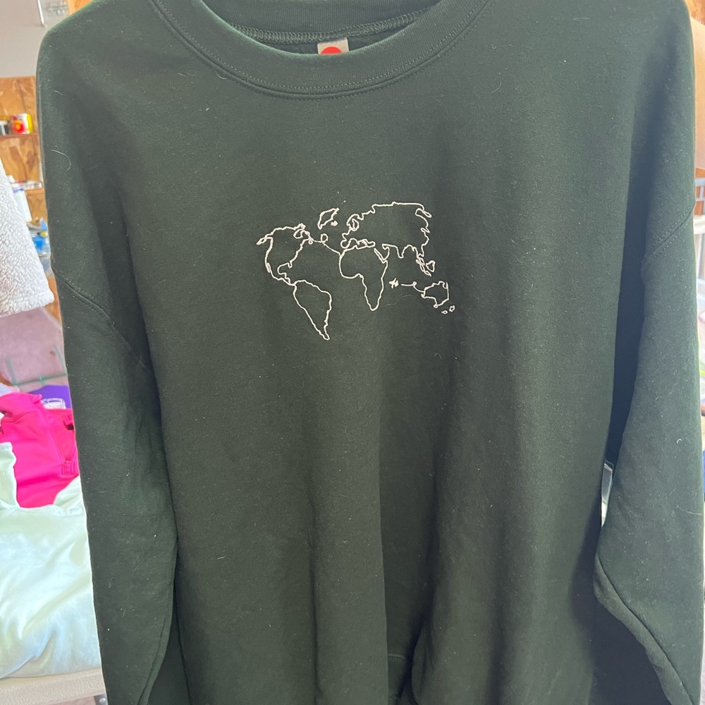 Green Hanes hand embroidered crewneck